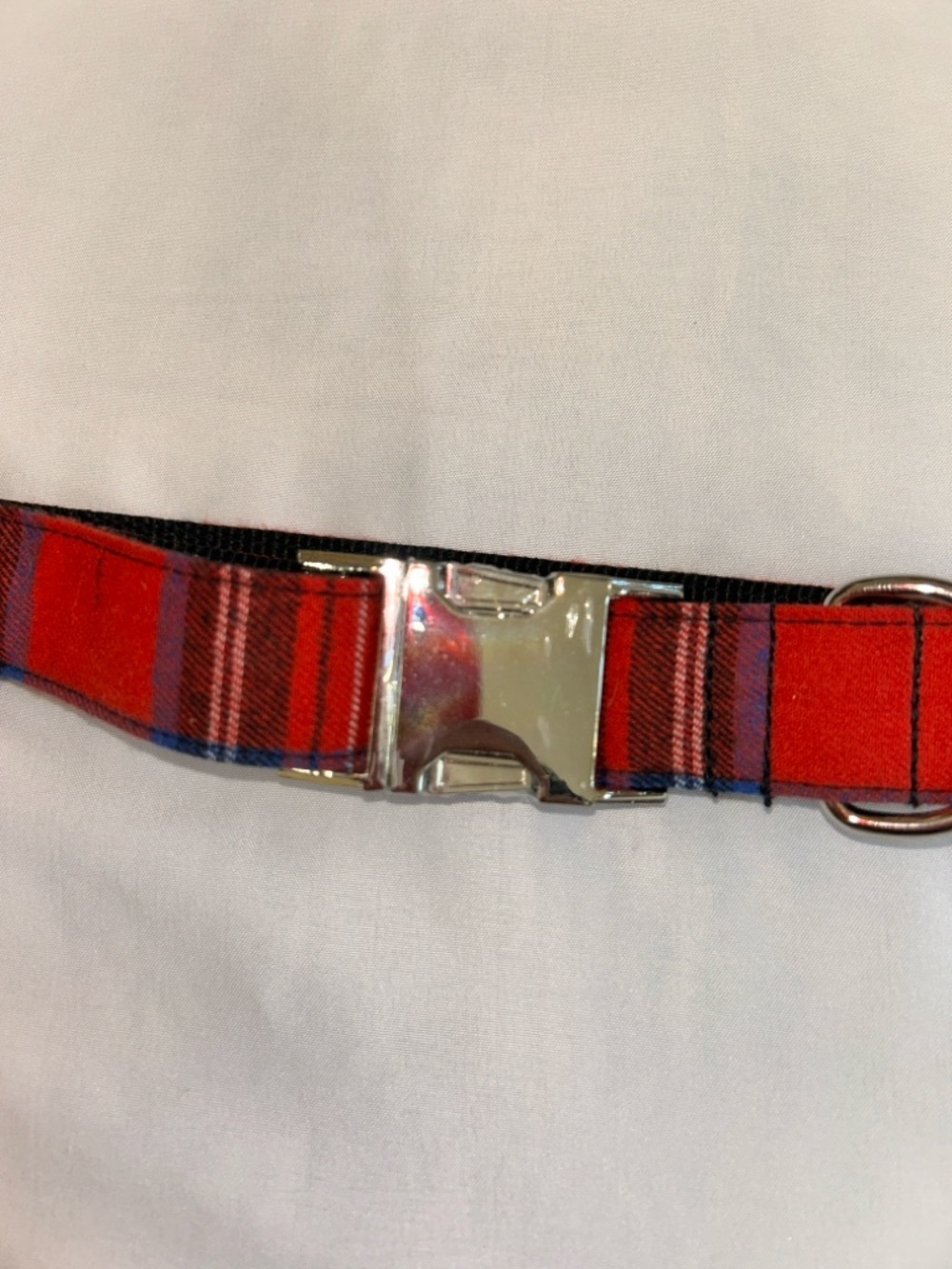Red Plaid Dog Collar with Metal Buckle - Picture 2 of 5